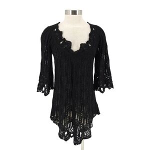 L.A.M.B. Crochet Sweater Silk Black Bell 3/4 Sleeve V Neck Open Knit Pullover 8